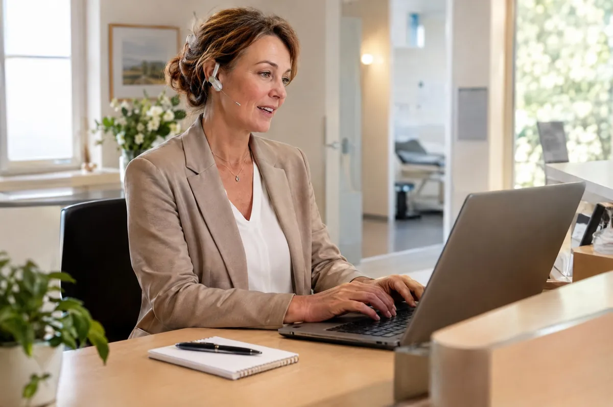 Symbolbild: Praxismanagerin mit Headset am Laptop
