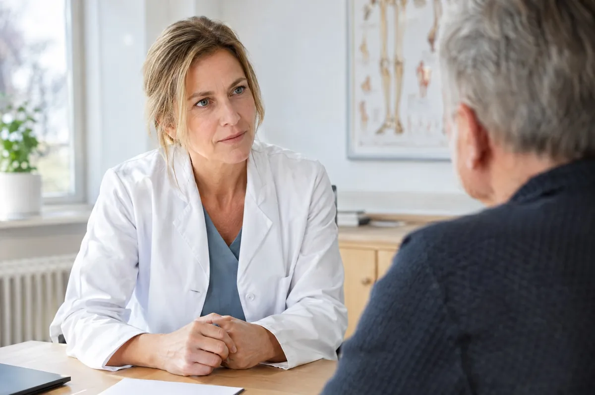 Symbolbild: Ärztin im Gespräch mit einem Patienten am Schreibtisch