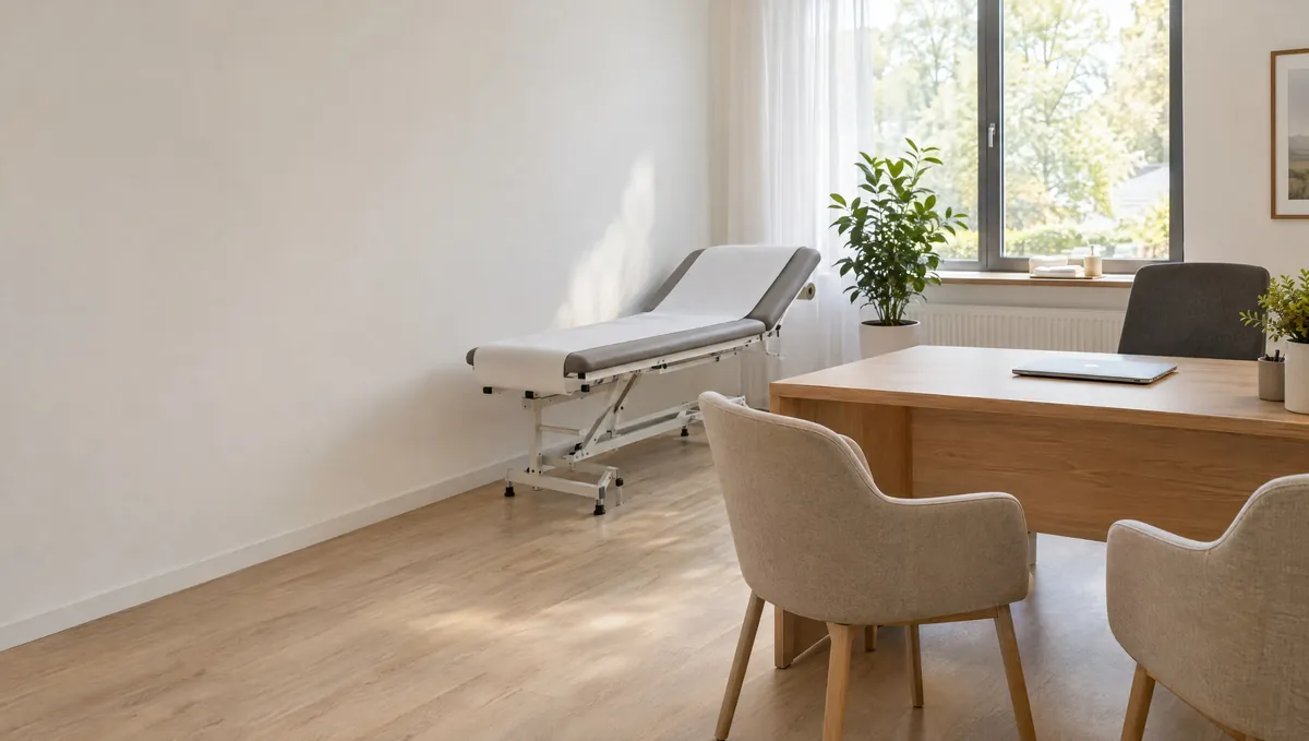 Symbolbild: helles, leeres Sprechzimmer einer orthopädischen Praxis mit Untersuchungsliege und Schreibtisch